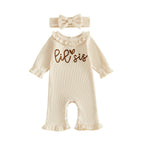 Embroidered Lotus-leaf Collar Long-sleeve Jumpsuit Headband