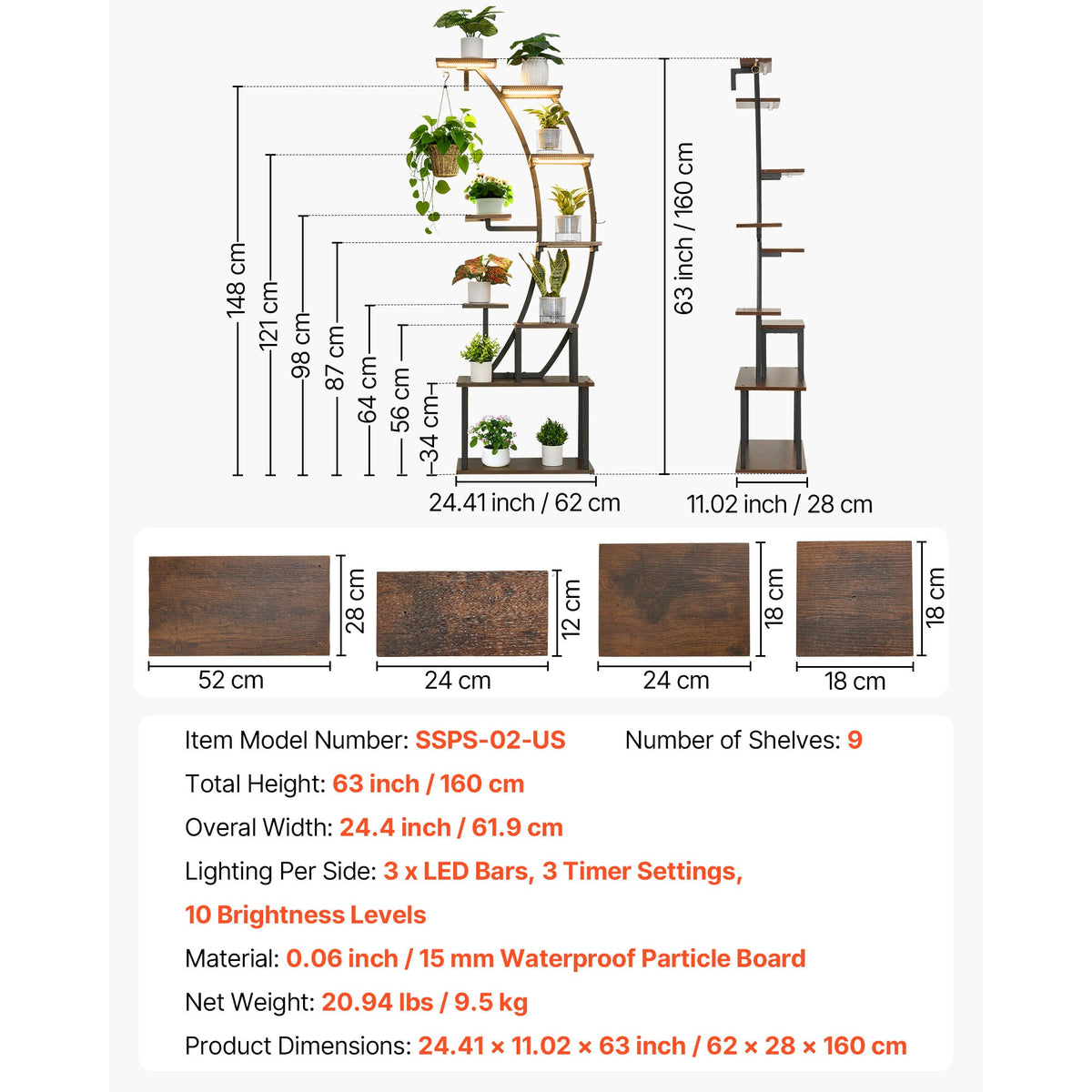 63 in Tall 9-Tier Indoor Plant Stand with Grow Lights