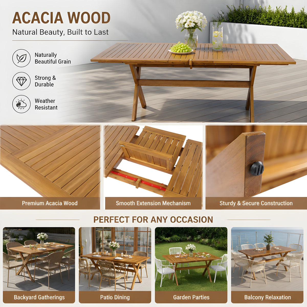 Acacia Wood Outdoor Dining Set 7-Piece with Large Table and 6 Chairs - Teak or Beige HouseOfZazla