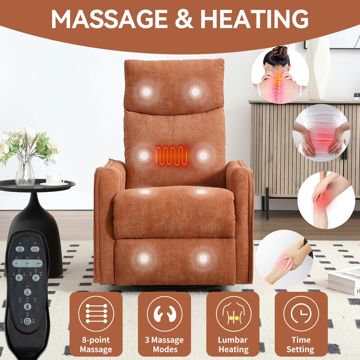 Heat Massage Manual Recliner Chair with Rocker & Swivel HouseOfZazla