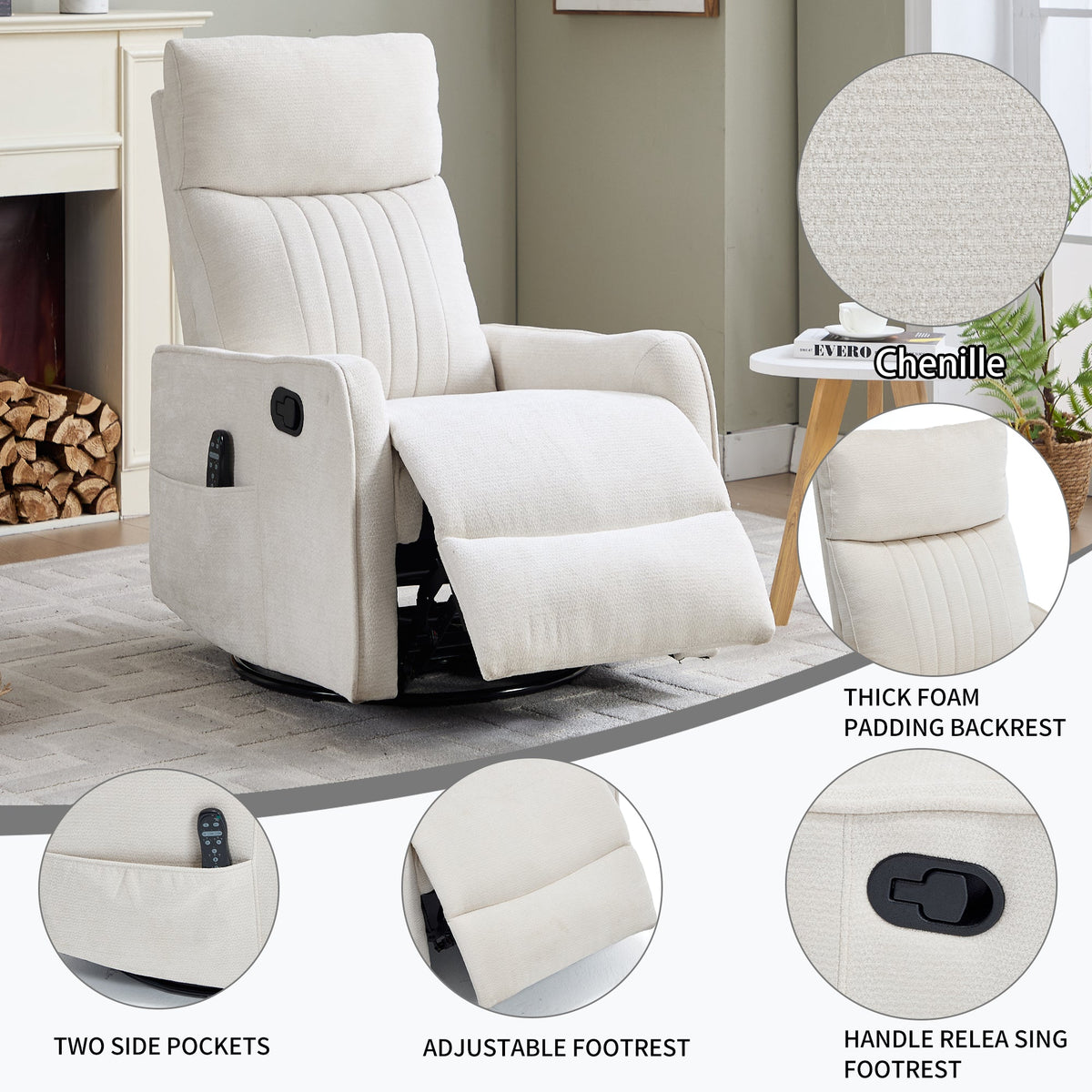Beige Heat Massage Manual Recliner Chair with Rocker and Swivel - Beige HouseOfZazla