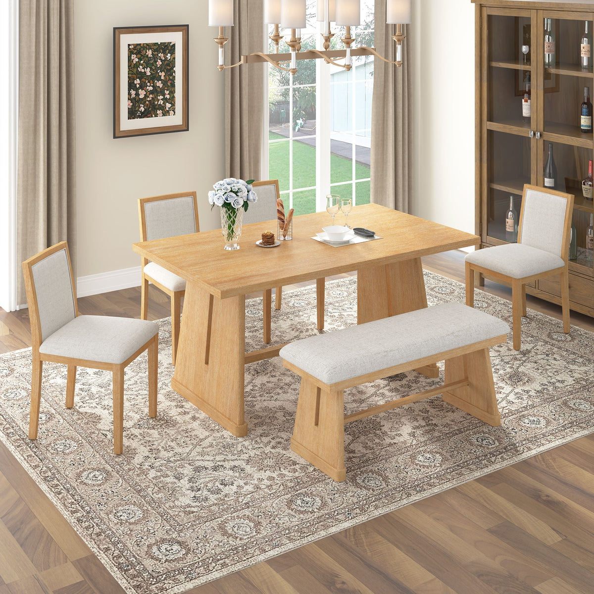 6 Piece Dining Room Set with Upholstered Chairs & Padded Bench - Light or Dark Brown HouseOfZazla