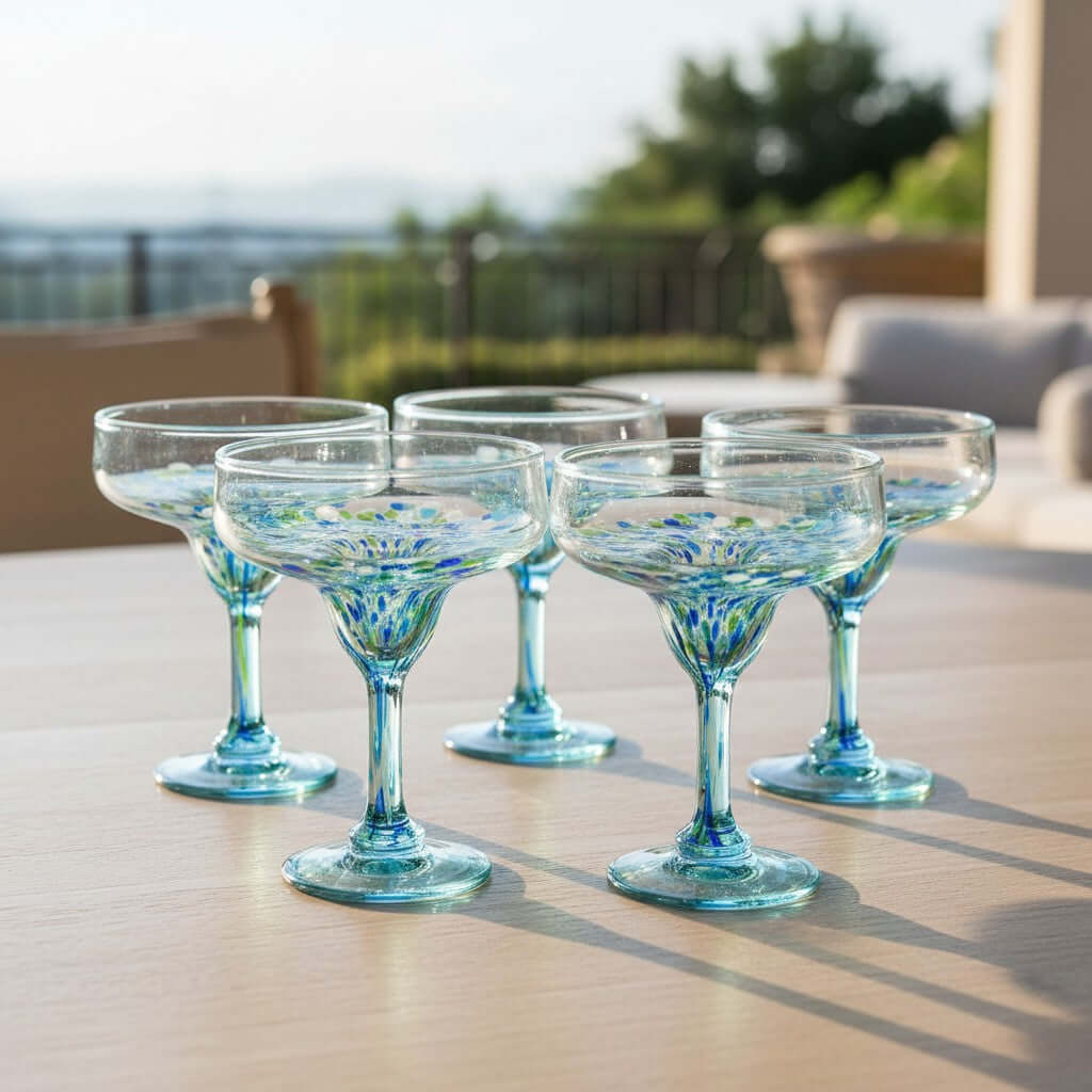 Hand-Blown Mexican Margarita Glass | Blue Green Confetti