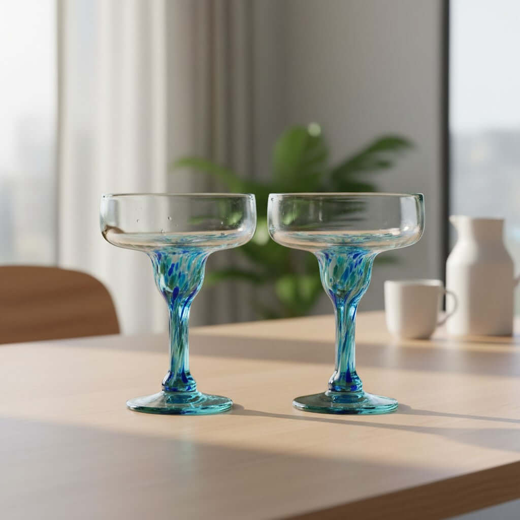 Hand-Blown Mexican Margarita Glass | Blue Green Confetti