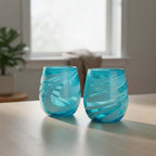 Hand-Blown Mexican Stemless Wine Glass | Teal White Swirl Design