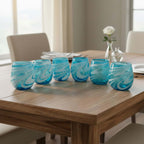 Hand-Blown Mexican Stemless Wine Glass | Teal White Swirl Design