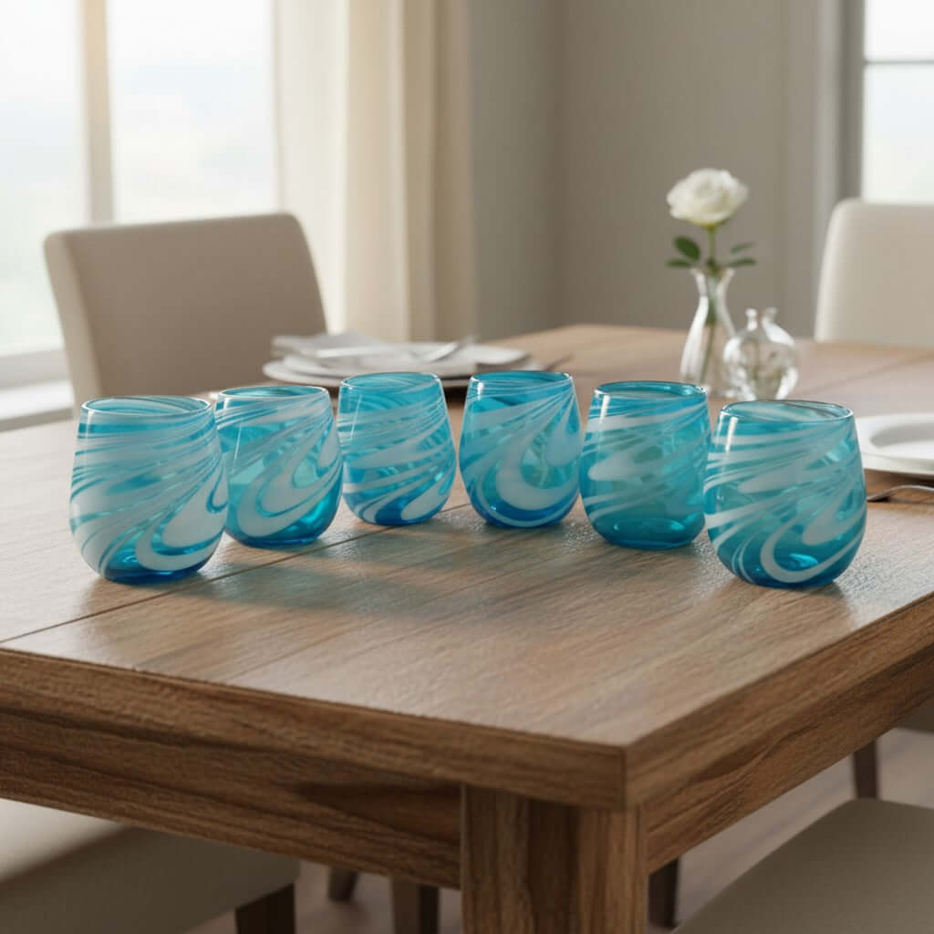 Hand-Blown Mexican Stemless Wine Glass | Teal White Swirl Design