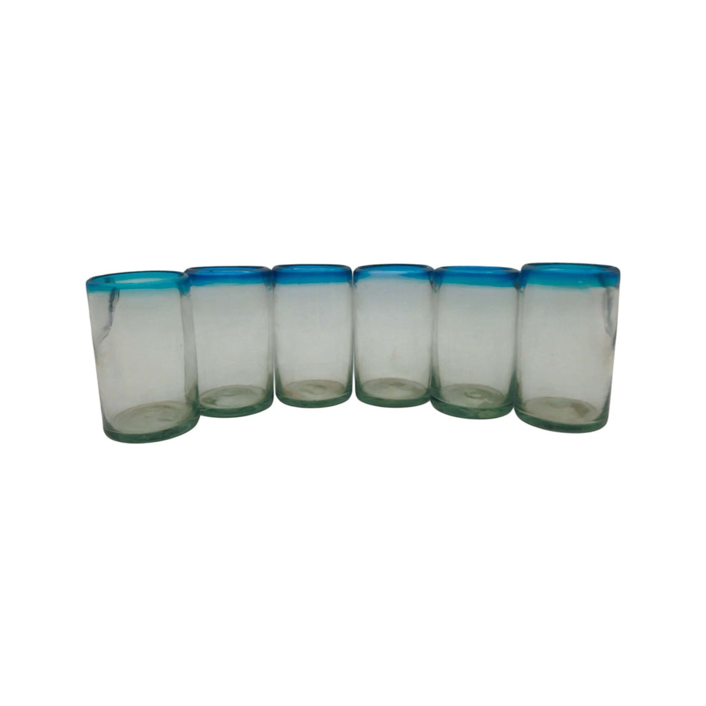 Hand-Blown Mexican Tumbler Glass | Teal Rim Design