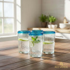Hand-Blown Mexican Tumbler Glass | Teal Rim Design