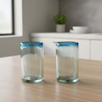 Hand-Blown Mexican Tumbler Glass | Teal Rim Design