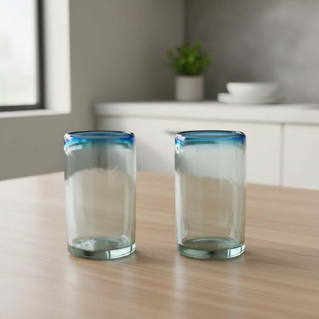 Hand-Blown Mexican Tumbler Glass | Teal Rim Design