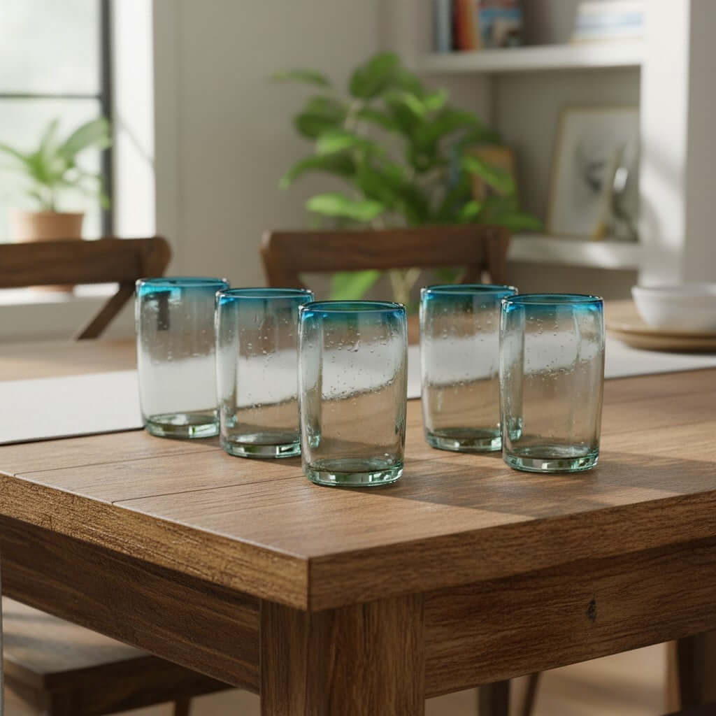 Hand-Blown Mexican Tumbler Glass | Teal Rim Design