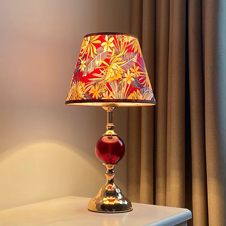 Tropical Floral Fabric Shade & Colored Glass Table Lamp | Gold Desk Light
