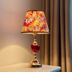 Tropical Floral Fabric Shade & Colored Glass Table Lamp | Gold Desk Light