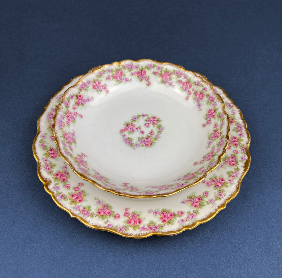 Limoges Elite Set of Five Bread, Salad, 8.75 inch Plates with Pink Roses and Scalloped Rim.  Antique Limoges Dishes.