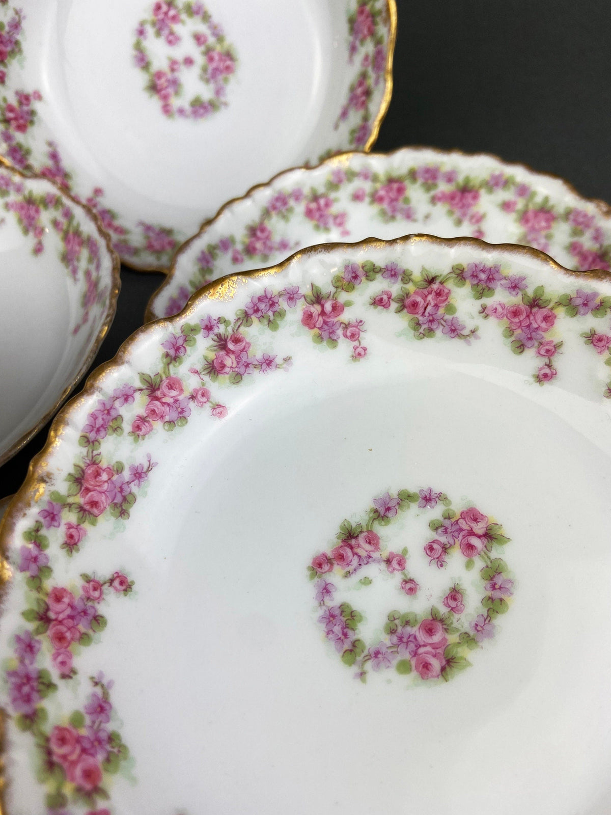 Limoges Elite Set of Five Bread, Salad, 8.75 inch Plates with Pink Roses and Scalloped Rim.  Antique Limoges Dishes.