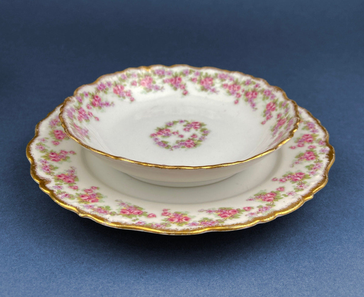 Limoges Elite Set of Five Bread, Salad, 8.75 inch Plates with Pink Roses and Scalloped Rim.  Antique Limoges Dishes.