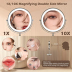 9" Large Makeup Mirror with Lights, 1X/10X Magnifying Vanity Mirror with 3 Colors Dimmable Lightning, 80 LED Lights, 360°Rotation Double Sided Standing Lighted Makeup Mirror Nickel Matte Nickel
