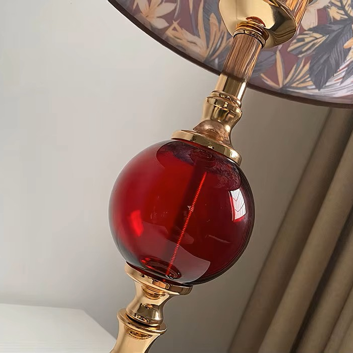 Tropical Floral Fabric Shade & Colored Glass Table Lamp | Gold Desk Light
