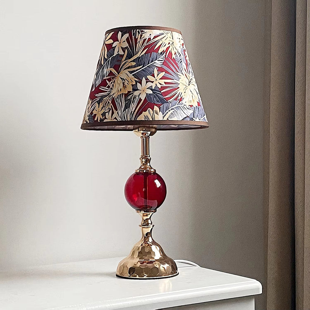 Tropical Floral Fabric Shade & Colored Glass Table Lamp | Gold Desk Light