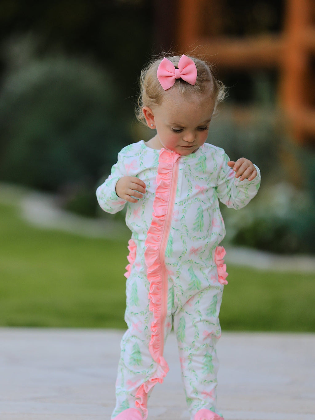 Christmas Tree Wreath Print Long Sleeve Zip Baby Girls Romper Rylee Faith Designs