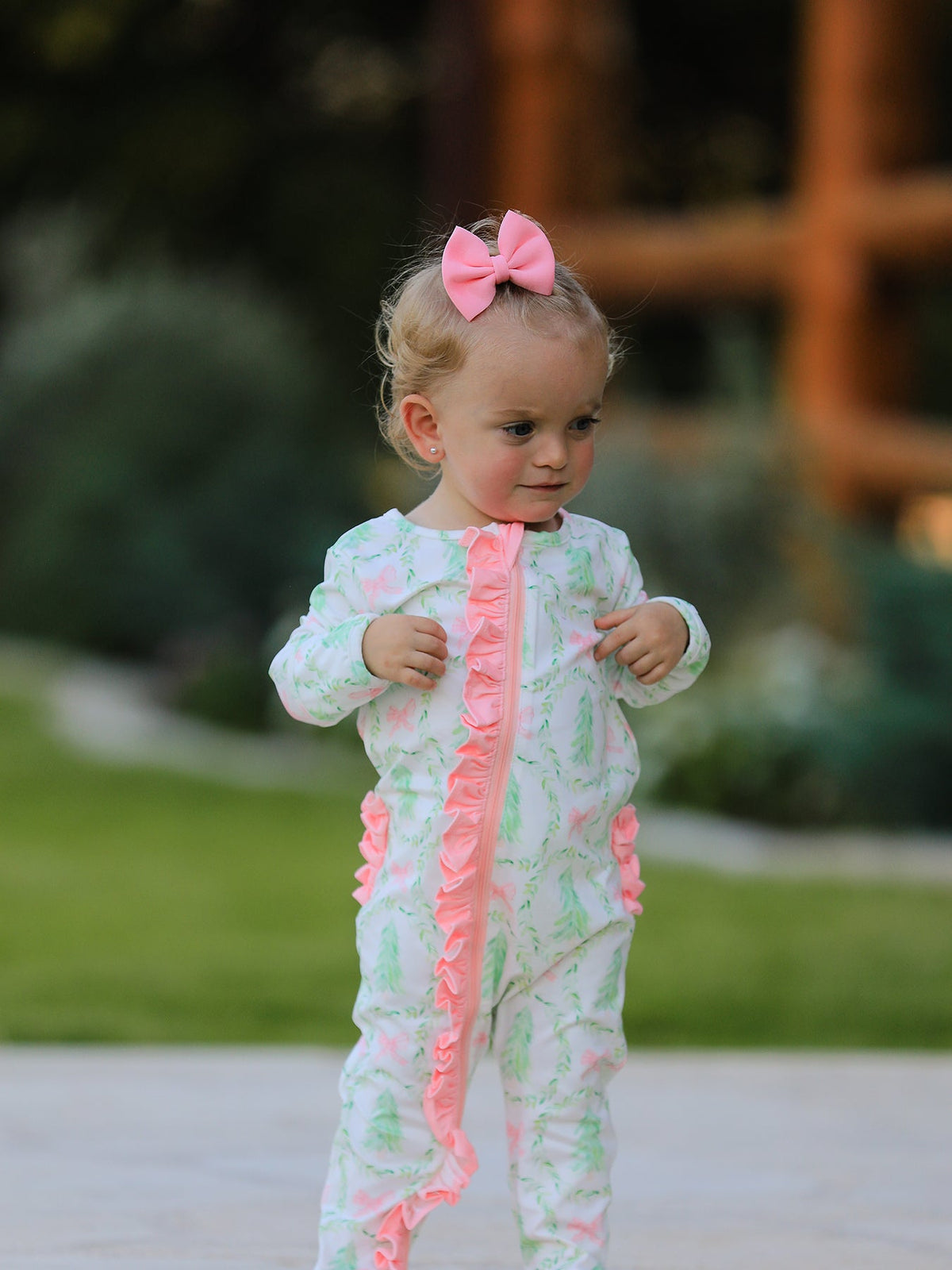 Christmas Tree Wreath Print Long Sleeve Zip Baby Girls Romper Rylee Faith Designs