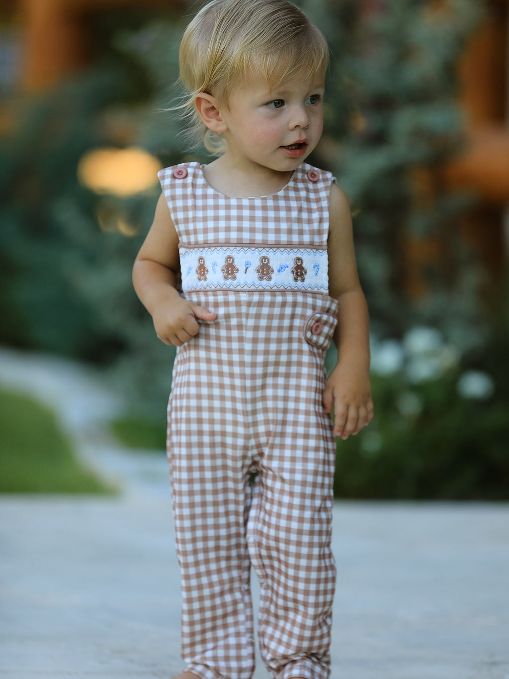 Christmas Vintage-Style Plaid Embroidered Gingerbread and Bows Boy Romper Rylee Faith Designs