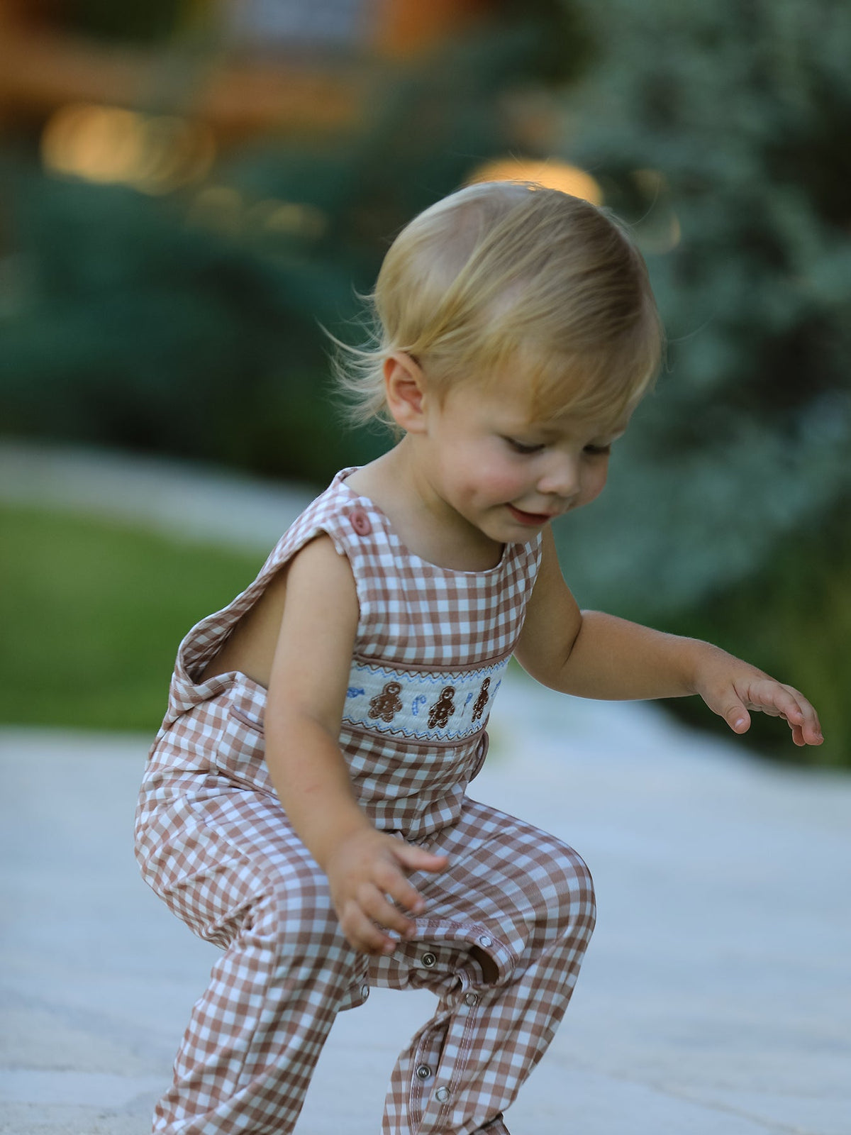 Christmas Vintage-Style Plaid Embroidered Gingerbread and Bows Boy Romper Rylee Faith Designs