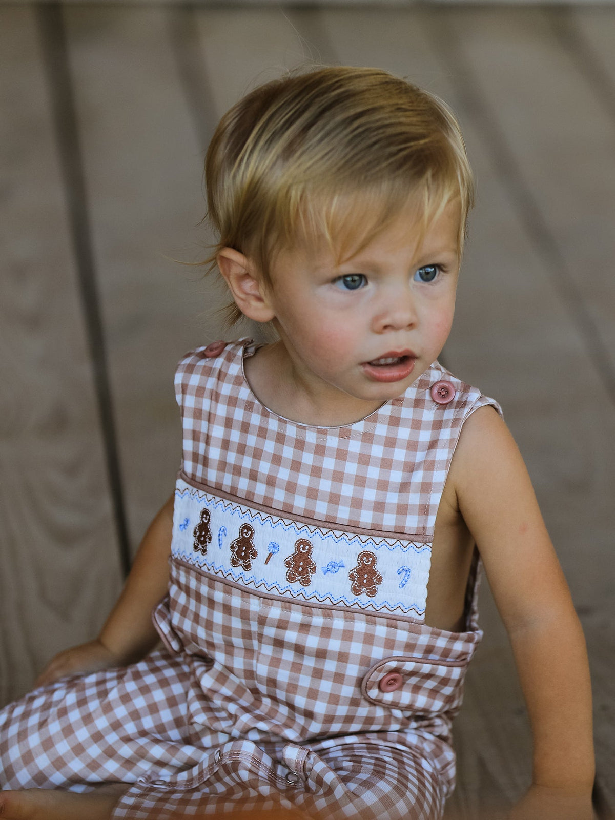 Christmas Vintage-Style Plaid Embroidered Gingerbread and Bows Boy Romper Rylee Faith Designs