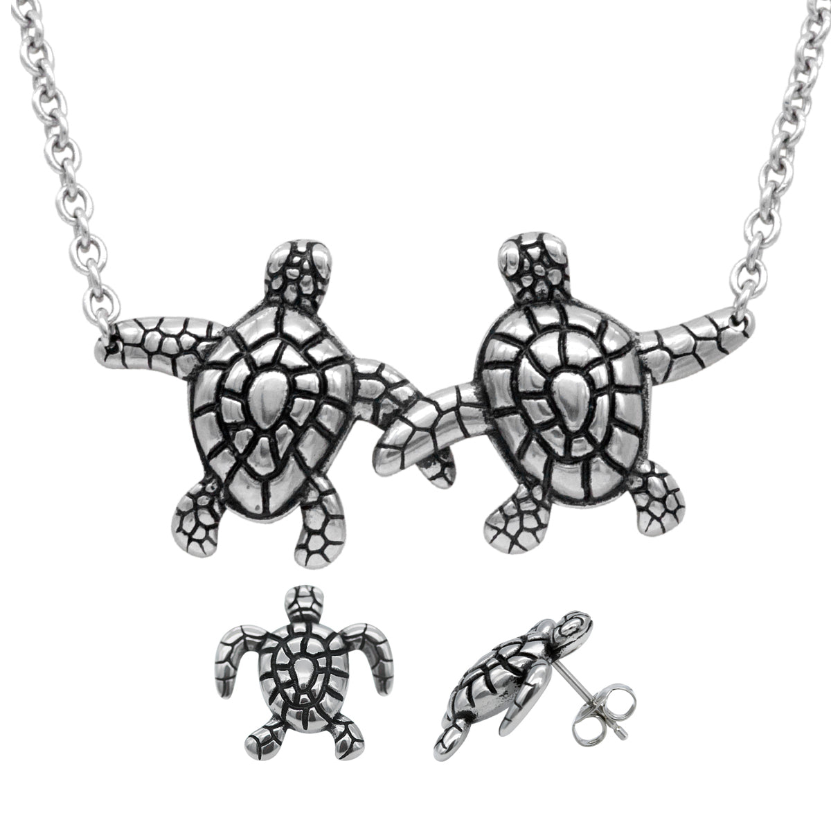 Sea Turtle Necklace And Earrings Set Silver Pendant