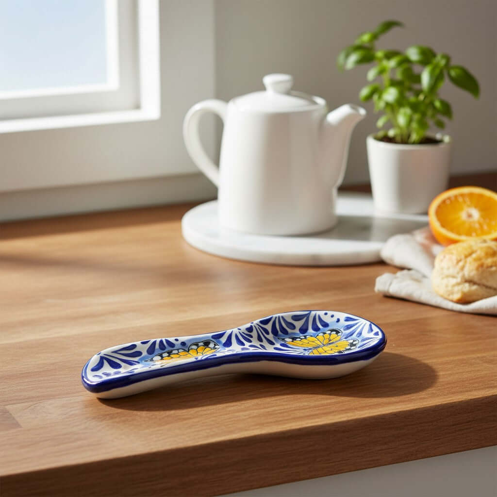 Talavera Spoon Rest | Blue & White Monarch Butterfly