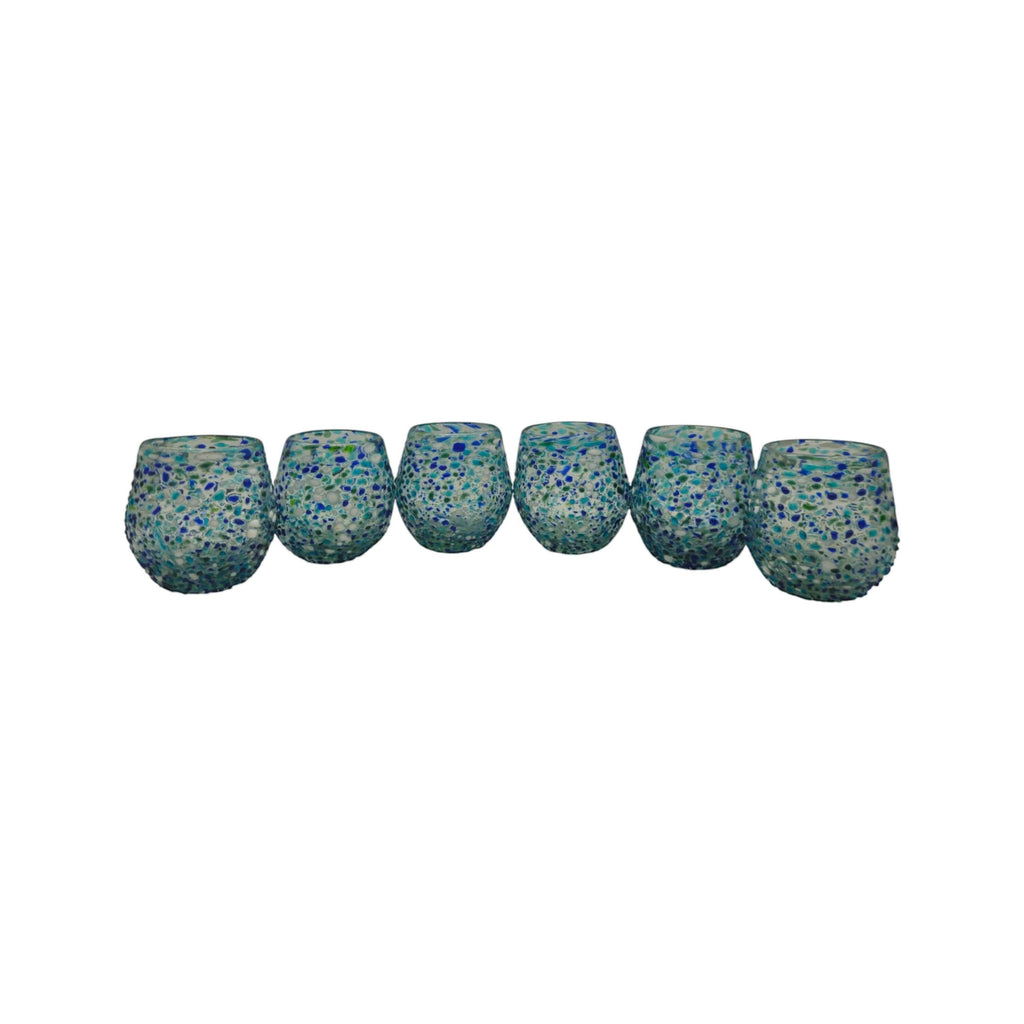 Hand-Blown Stemless Wine Glass | Blue Green Confetti Design