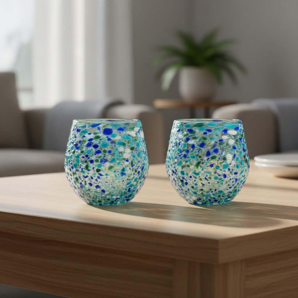 Hand-Blown Stemless Wine Glass | Blue Green Confetti Design