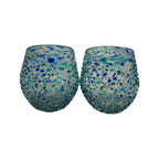Hand-Blown Stemless Wine Glass | Blue Green Confetti Design