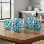 Hand-Blown Stemless Wine Glass | Blue Green Confetti Design