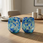 Hand-Blown Mexican Stemless Wine Glass | Blue and White Snow Pattern