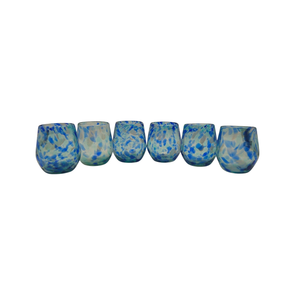 Hand-Blown Mexican Stemless Wine Glass | Blue and White Snow Pattern