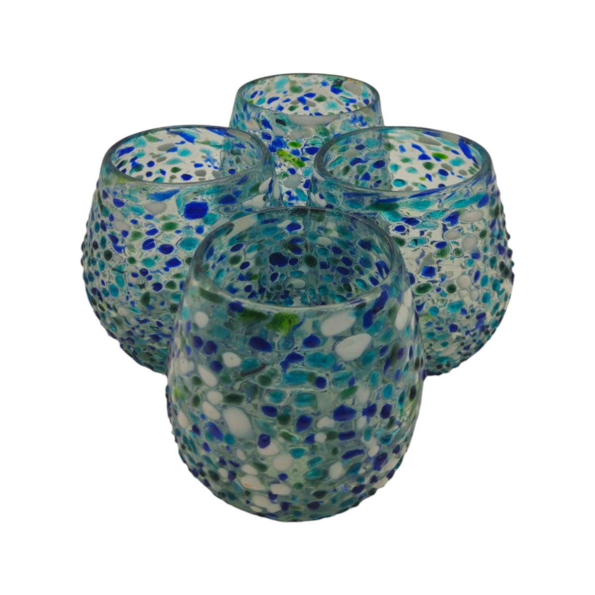 Hand-Blown Stemless Wine Glass | Blue Green Confetti Design