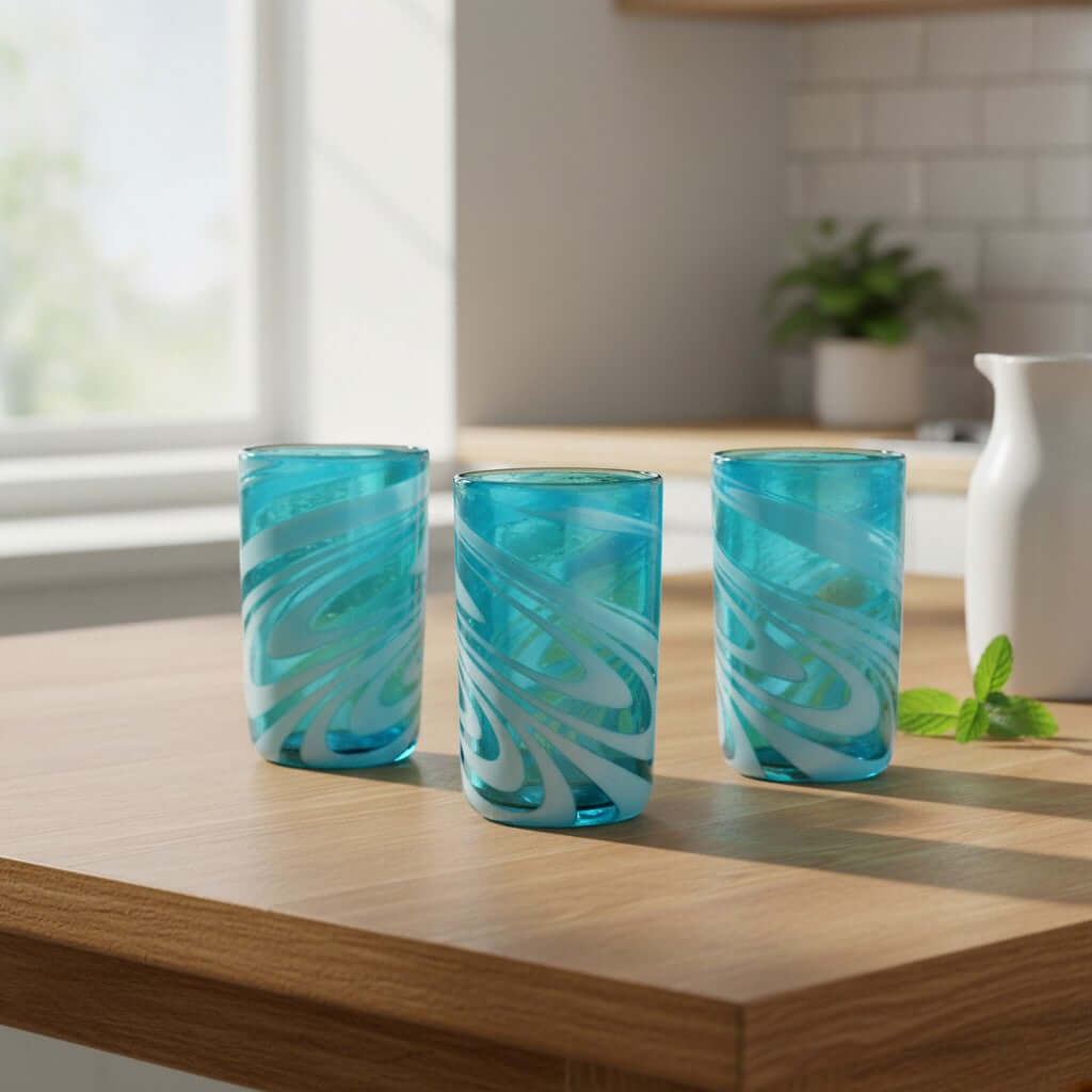 Handblown Mexican Teal Tumbler Glass | White Swirl Accent