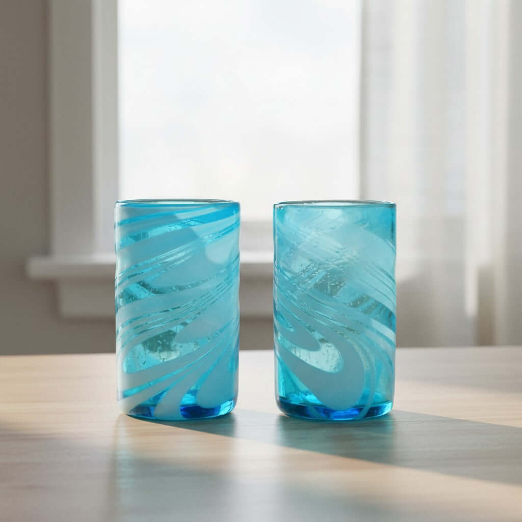 Handblown Mexican Teal Tumbler Glass | White Swirl Accent