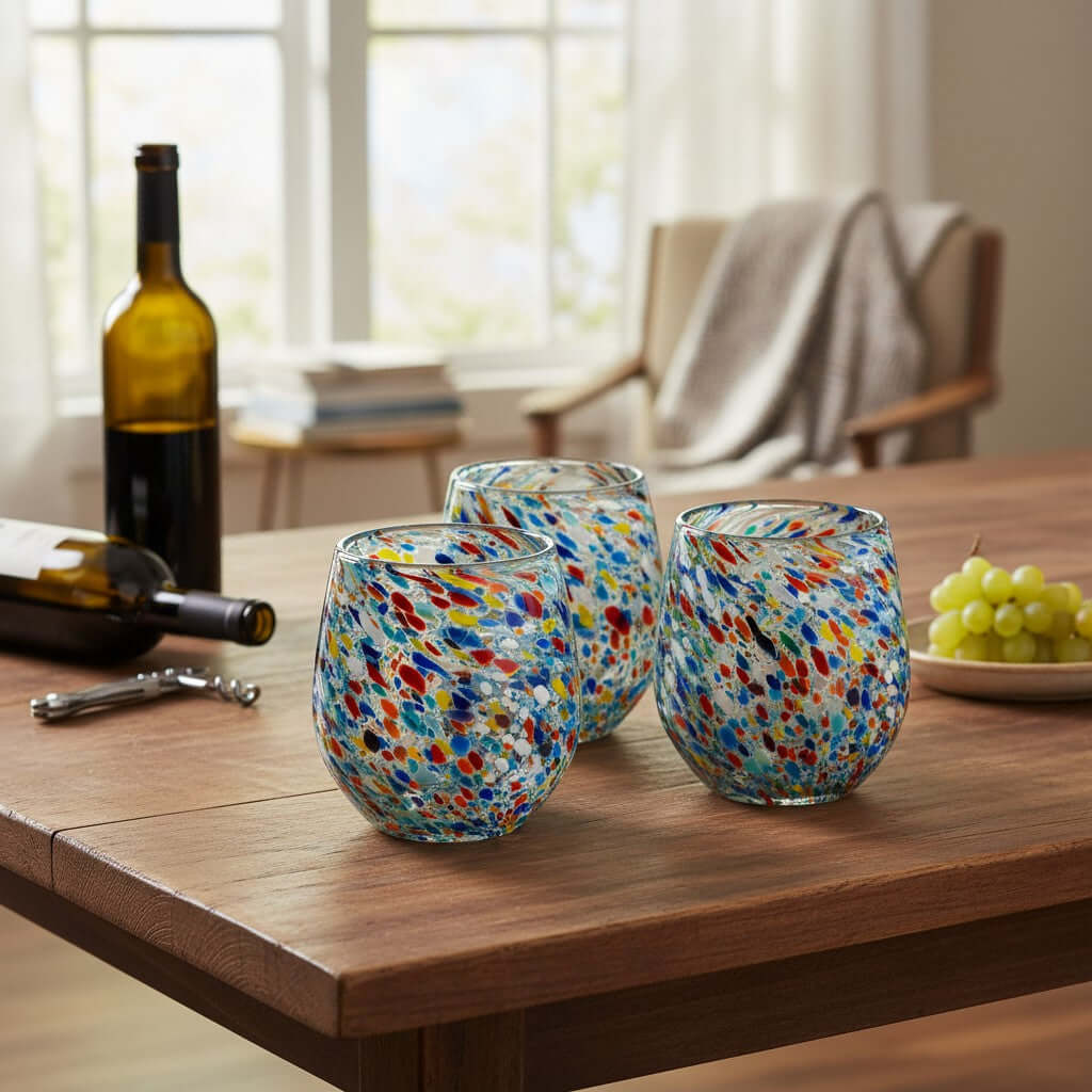 Handblown XL Stemless Wine Glass | Confetti Pebble Pattern