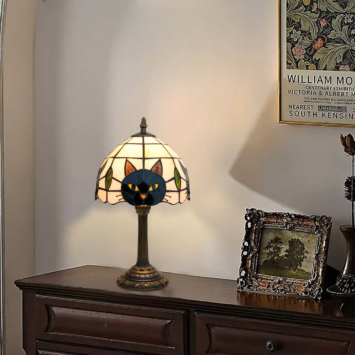 Tiffany Stained Glass Black Cat Table Lamp | Vintage Art Glass Desk Light