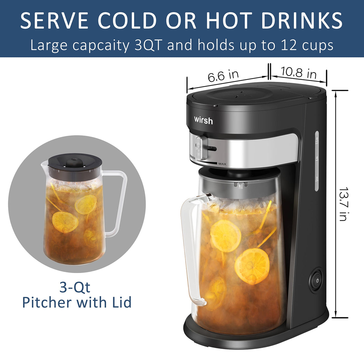 Wirsh Iced Coffee Maker, Iced Tea Maker with 85 Ounce Pitcher, Strength Control and Reusable Filter